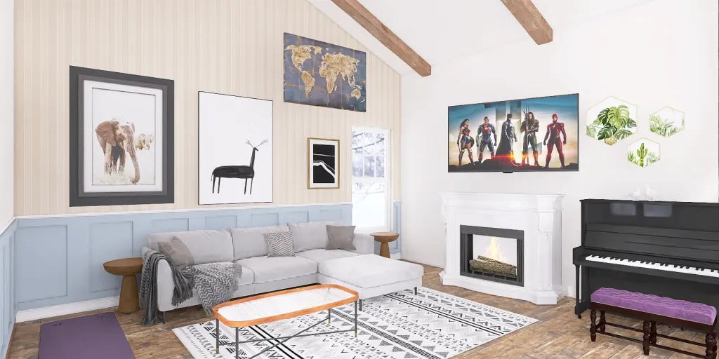 a living room with a couch, coffee table, and a painting 