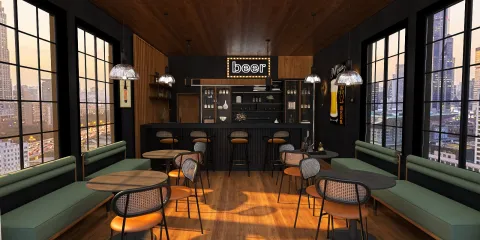 modern bar design showcasing a spacious social area with smart furniture arrangement in a trendy style, featuring Homestyler's real-time 3D rendering.