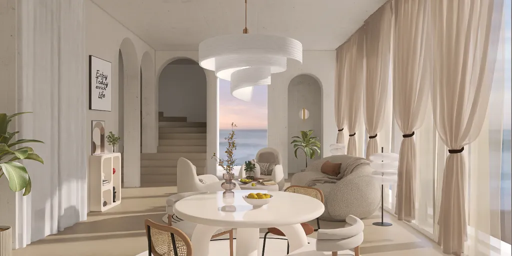 a dining room table with chairs and a balcony 