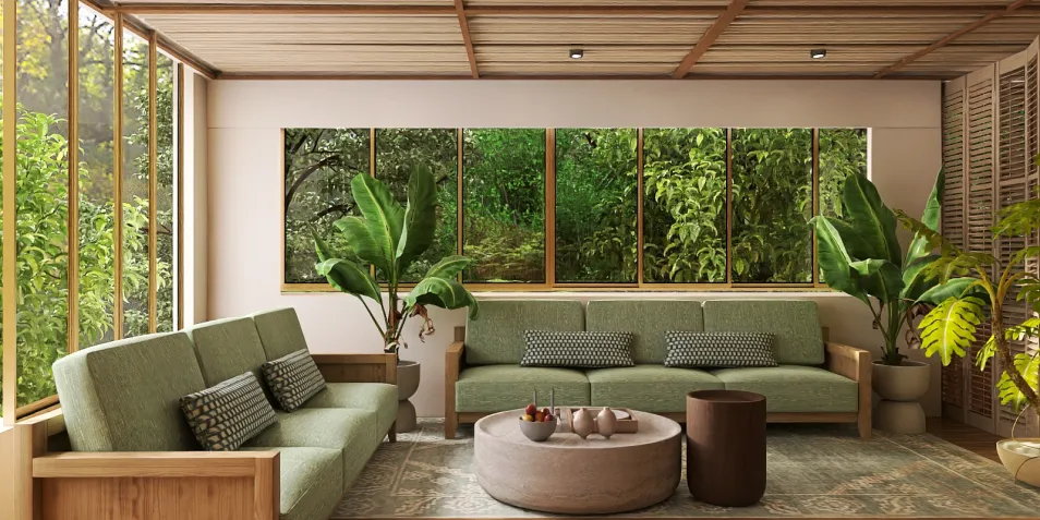 modern living room design featuring a cozy seating arrangement with green sofas and natural decor elements, showcasing a tranquil atmosphere with abundant plants, using Homestyler's real-time 3D rendering for a realistic aesthetic preview.
