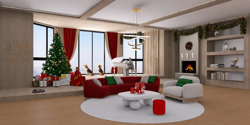 a living room with a fireplace and a large christmas tree 
