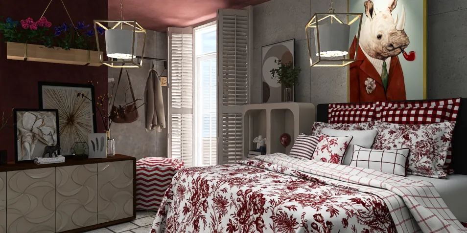 Stylish bedroom featuring a red and white patterned bedspread, modern furnishings, and unique wall art, showcasing a cozy yet trendy interior design vibe, utilizing Homestyler's real-time 3D rendering feature to visualize the space.