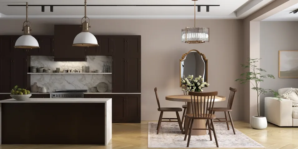 modern kitchen interior design featuring a marble countertop and dark cabinetry, showcasing the Homestyler real-time 3D rendering feature for immersive space visualization