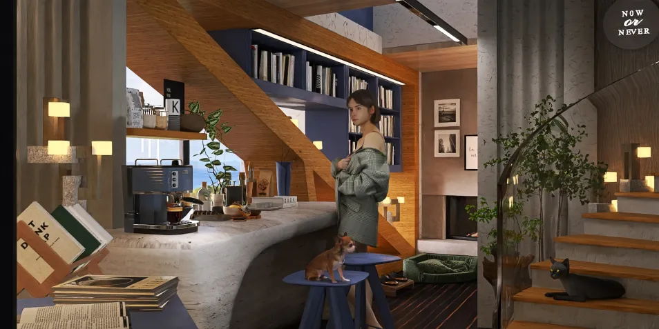A woman engaging with a coffee machine in a modern living space, showcasing a cozy and stylish design, featuring smart furniture arrangement and a contemporary aesthetic. This image highlights Homestyler's real-time 3D rendering capabilities.