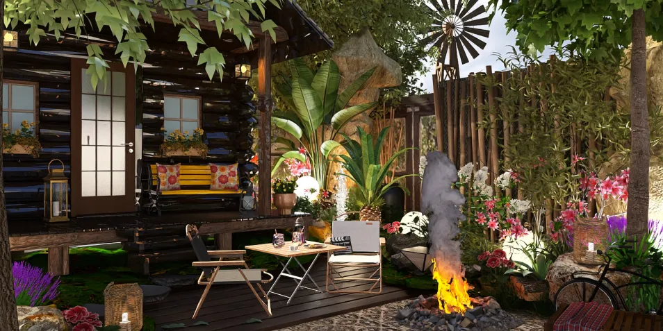 cozy outdoor garden with a rustic log cabin design featuring vibrant flowers and plants, showcasing a relaxing seating area and a fire pit for evening ambiance, utilizing Homestyler's real-time 3D rendering feature for immersive garden layout visualization.