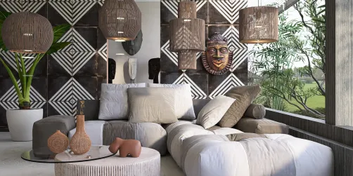 cozy living room featuring a modern sectional sofa with neutral tones and textured cushions, showcasing a bohemian style, highlighting interior decor with smart furniture arrangement using Homestyler's real-time 3D rendering feature.