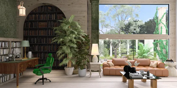Cozy living room with green plant decor and large windows showcasing nature views, featuring smart furniture arrangement for optimized space, enhanced by Homestyler's real-time 3D rendering.