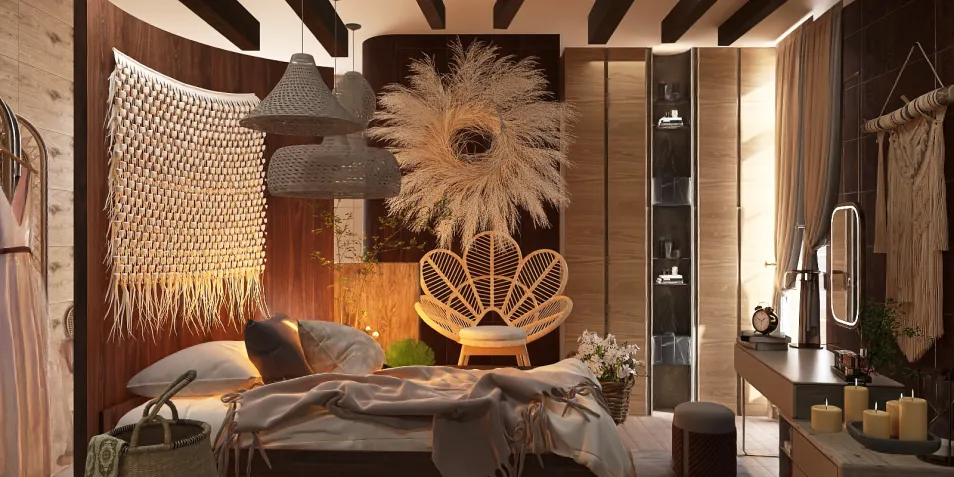 bohemian bedroom design with natural elements featuring 3D rendering for a cozy space highlighting smart furniture arrangement using Homestyler
