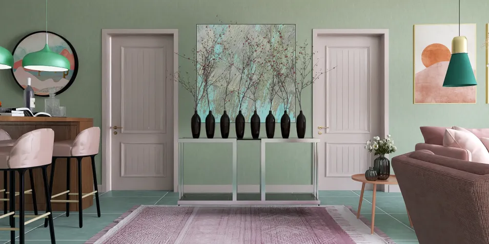 modern living room with stylish floral decor featuring a green color scheme, utilizing Homestyler's real-time 3D rendering for interior design visualization.