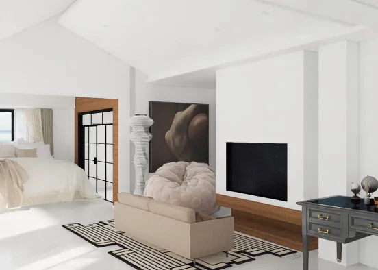 A bed room with a living room Design Rendering