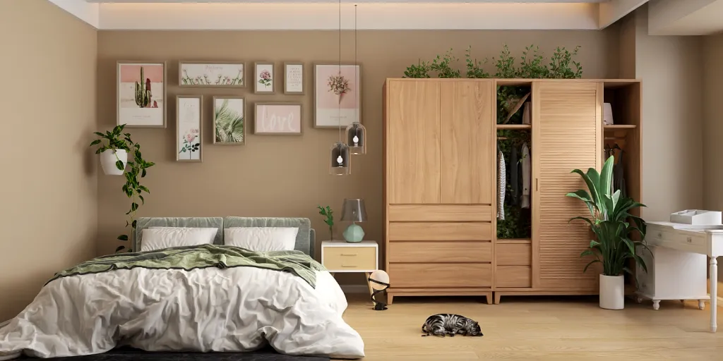 a bedroom with a bed, a dresser, and a dresser 