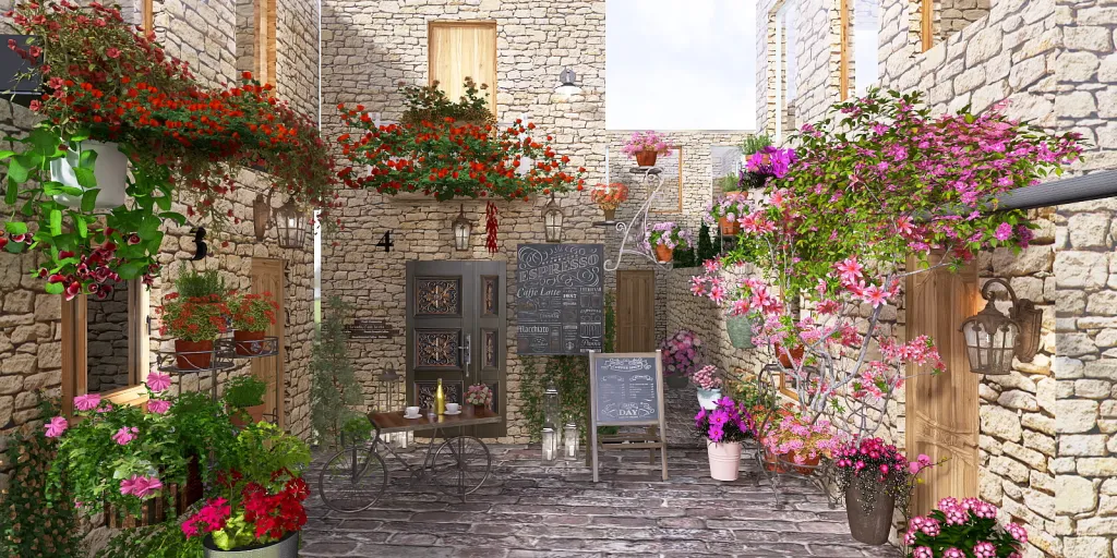 a street scene with a building and a flower garden 