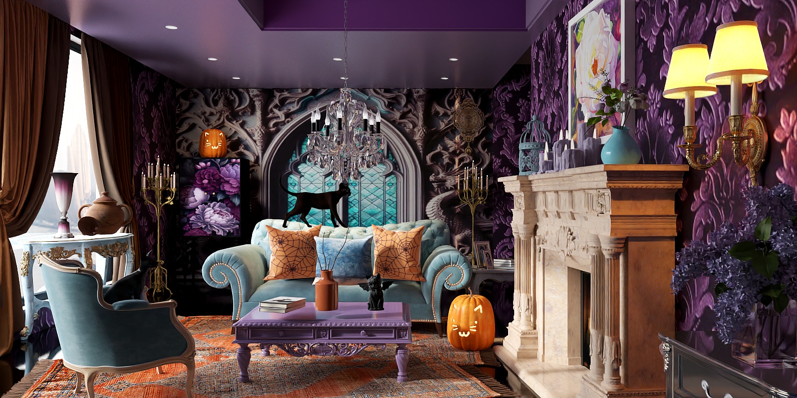 Orange, purple and blue living room.