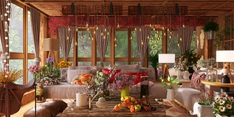 cozy living room filled with vibrant flowers and plants, enhancing indoor ambiance with natural lighting, utilizing Homestyler's real-time 3D rendering feature to visualize interior decor arrangements.