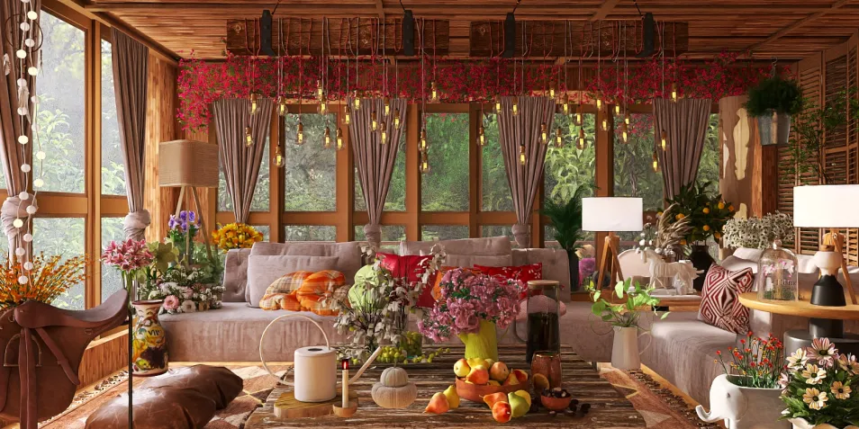 Cozy living room with vibrant floral arrangements and soft fabrics, featuring a rustic design style; showcasing interior decor elements with Homestyler's real-time 3D rendering functionality.