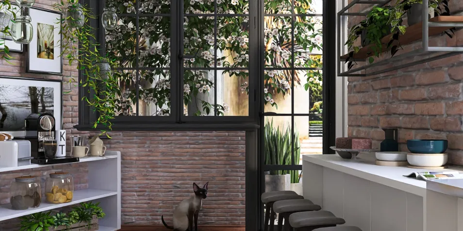 cozy kitchen design featuring a cat sitting on the floor, showcasing a farmhouse style with open shelving, plants, and a rustic brick wall. Highlighting the Homestyler feature of real-time 3D rendering for interior decor visualization.