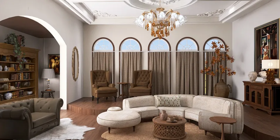 luxurious living room featuring a circular sofa arrangement and elegant chandelier, designed with a classic style to enhance spaciousness, utilizing Homestyler's real-time 3D rendering for visualizing interior design.