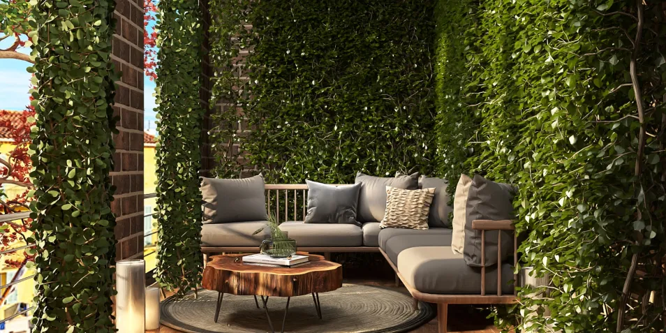 Cozy balcony seating with lush greenery and decorative pillows, showcasing a modern relaxation space. Includes indoor garden elements for urban interior decor, utilizing Homestyler's real-time 3D rendering feature.