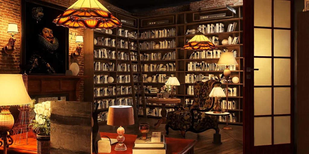 a room with a book shelf and a lamp 