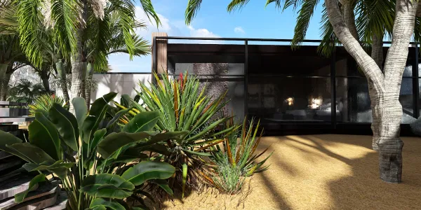 lush greenery surrounding a modern architectural exterior design showcasing tropical plants and natural elements, enhancing outdoor ambiance, created using Homestyler's real-time 3D rendering feature.