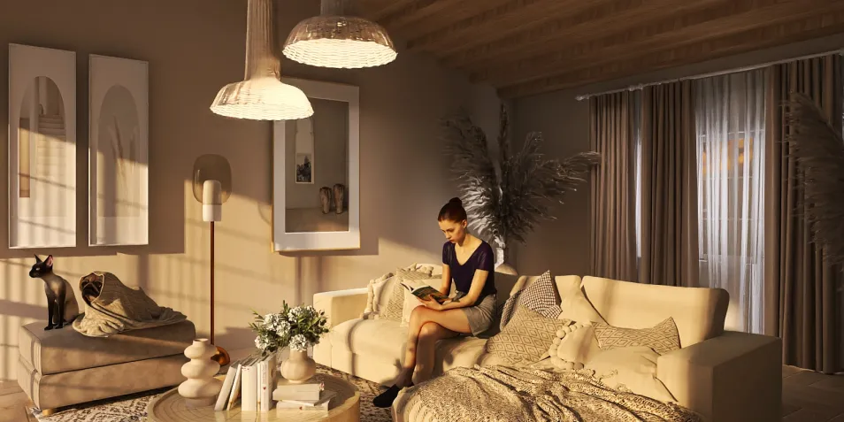 A person reading on a soft sofa decorated with neutral tones in a cozy living room, showcasing a modern interior design style; highlights the smart furniture arrangement feature of Homestyler.