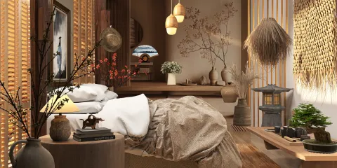 a cozy bedroom with a warm aesthetic featuring natural materials and soft textures, designed using Homestyler's real-time 3D rendering for quick design proposal showcases