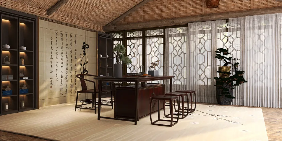 traditional dining room with elegant wooden table and chairs, featuring decorative wall art and indoor plants, reflecting modern Chinese design aesthetics, utilizing Homestyler's real-time 3D rendering feature for visualization.