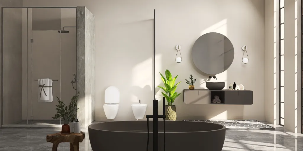 a bathroom with a tub, toilet and a sink 