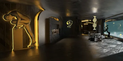 modern art exhibition space featuring illuminated sculptures and contemporary furniture design showcasing innovative aesthetics and ambiance enhancement using Homestyler's real-time 3D rendering.