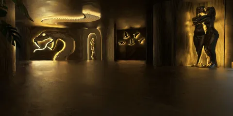 dimly lit interior space featuring unique sculptural wall art and ambient lighting, emphasizing modern design aesthetics, enhanced by Homestyler's real-time 3D rendering for design proposal visualization.