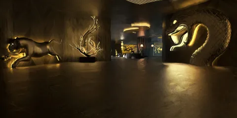 modern sculpture installation design featuring animal motifs and dramatic lighting in an art gallery, showcasing interior decor with Homestyler's real-time 3D rendering function.