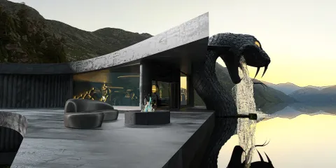 modern architectural design featuring a dramatic serpent sculpture and sleek furniture layout overlooking a tranquil lake, showcasing Homestyler's real-time 3D rendering capabilities for stunning outdoor spaces.