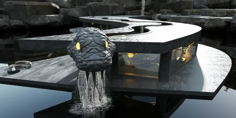 modern architectural design featuring a snake sculpture fountain with water flowing, showcasing a sleek and contemporary style for outdoor spaces, utilizing Homestyler's real-time 3D rendering feature for an immersive design preview.