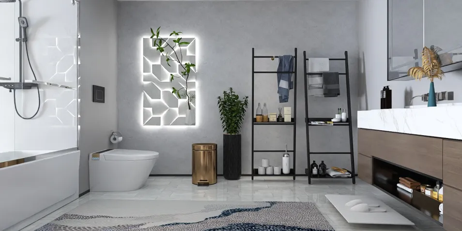 modern bathroom design showcasing stylish fixtures and greenery with a minimalist aesthetic for an inviting space using Homestyler's 3D rendering feature