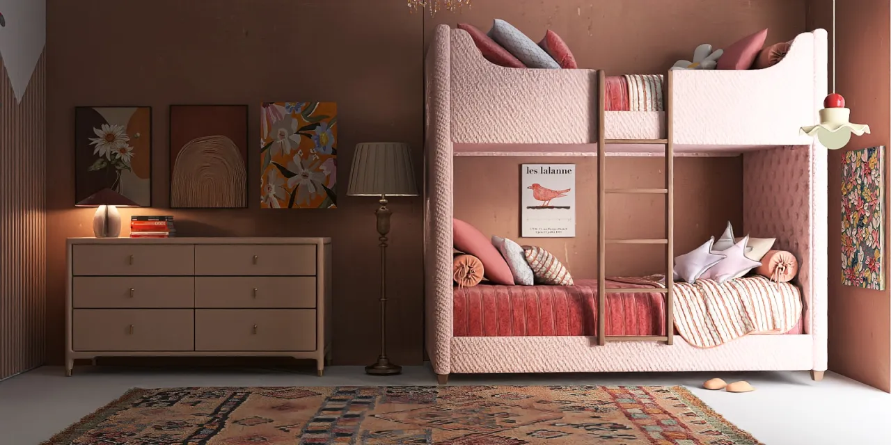 a small child's bedroom with a bed and a dresser 