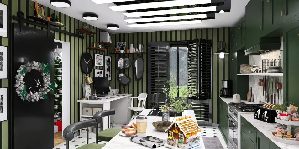 modern kitchen design featuring green cabinetry and unique lighting, showcasing interior decor aesthetics with a focus on kitchen layout optimization using Homestyler's real-time 3D rendering feature.