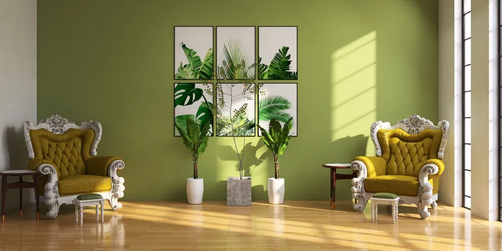 a living room with a chair and a plant 