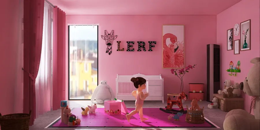 a little girl sitting on a pink floor next to a pink wall 