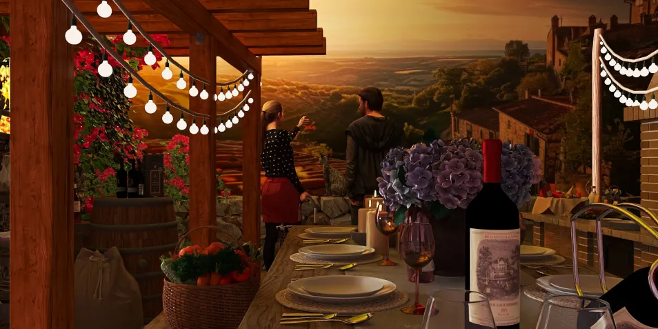outdoor dining area with a scenic sunset view featuring tables set for dinner, showcasing rustic furniture and decorative string lights, emphasizing the charm of al fresco dining with Homestyler's real-time 3D rendering feature.