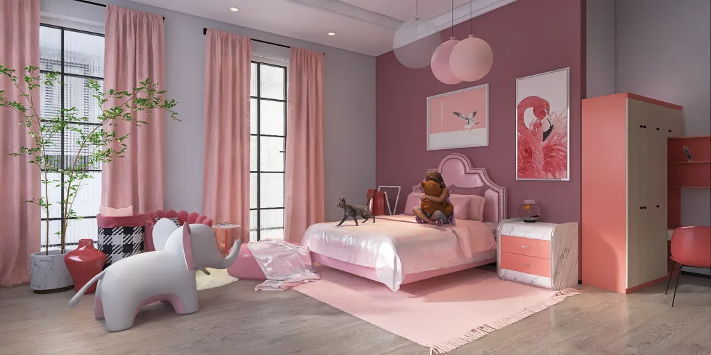 a bedroom with a bed, a dresser, and a stuffed animal 