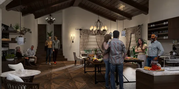 A cozy living room fostering social interaction among friends, featuring a warm rustic design with wooden beams, elegant chandeliers, and a large dining table to enhance gatherings, showcasing how Homestyler's real-time 3D rendering enables quick design previews.