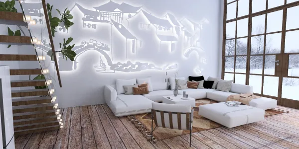 modern living room with minimalist white sectional sofa and artistic wall design, showcasing interior decor in a contemporary style, featuring Homestyler's real-time 3D rendering for design proposal previews.