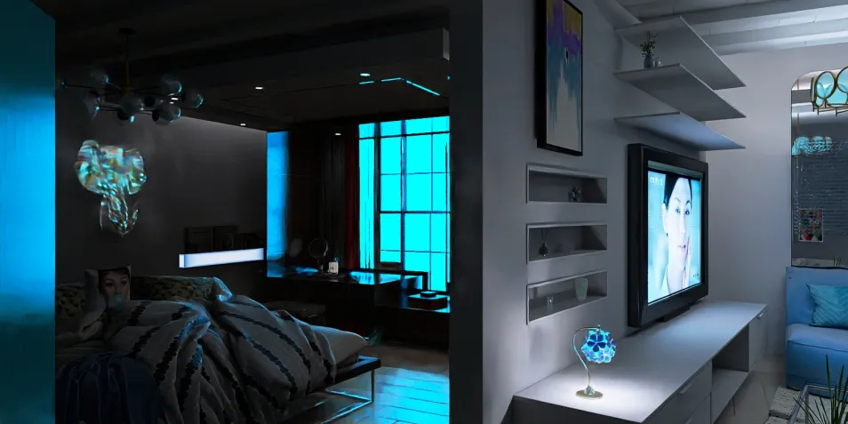 modern bedroom design featuring smart furniture arrangement and a sleek ambiance with blue accents, utilizing Homestyler's real-time 3D rendering for an immersive visual experience.