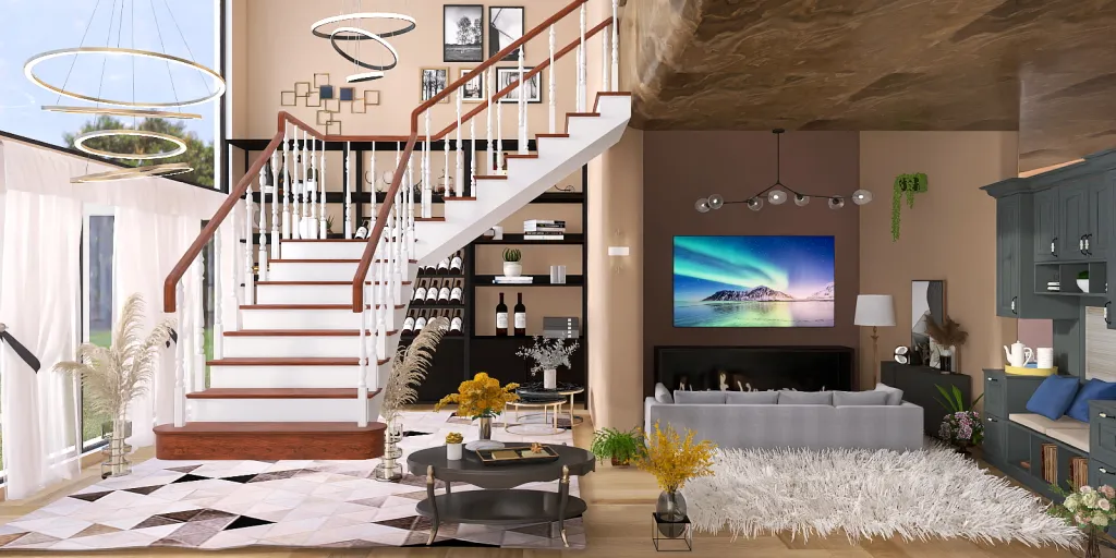 a living room with a tv and a staircase 