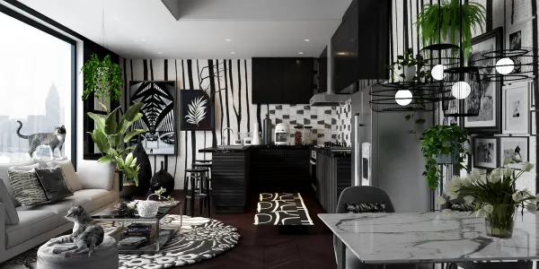 Modern kitchen featuring a stylish open layout with black cabinetry, intricate wall patterns, and lush indoor plants, showcasing interior design using Homestyler's real-time 3D rendering for a chic living space.