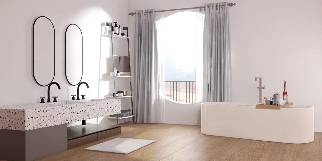 a white bathroom with a white bed and a white table 
