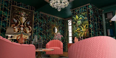 vibrant living room showcasing floral wallpaper with golden accents + creating a modern artistic atmosphere + contemporary style + interior decor featuring bold patterns and textures with Homestyler's real-time 3D rendering feature.