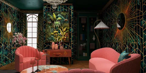 vibrant tropical wallpaper interior design featuring plush pink sofas and a modern coffee table, showcasing Homestyler's real-time 3D rendering for stunning decorative previews