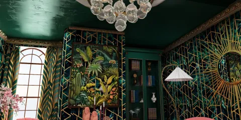 luxurious interior design featuring a green and gold color scheme with tropical-themed wallpaper, showcasing a sophisticated chandelier and stylish furniture arrangements; designed using Homestyler's real-time 3D rendering feature for an immersive visual preview.