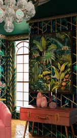 colorful indoor mural featuring lush tropical plants and wildlife in a vibrant living room design, enhancing the decor of the space with a bold artistic statement, utilizing Homestyler's 3D rendering feature for realistic previews.